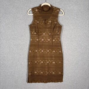 Lace Crochet Pencil Dress Size 8 Olive Rust High Neck Sheer Feminine Romantic
